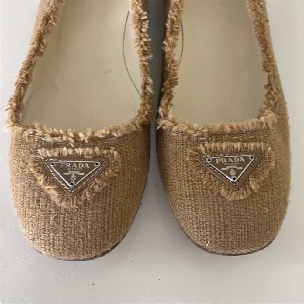 Prada Beige-Tan Fringed Triangle Logo Ballet Flats
